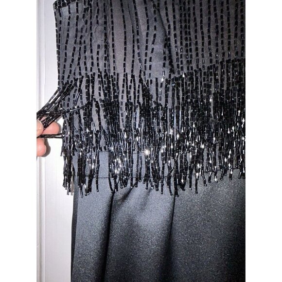 Evening Gown Long Black Beaded Bodice and Fringe, Sleeveless Dress Women’s 8-10 - Picture 3 of 15